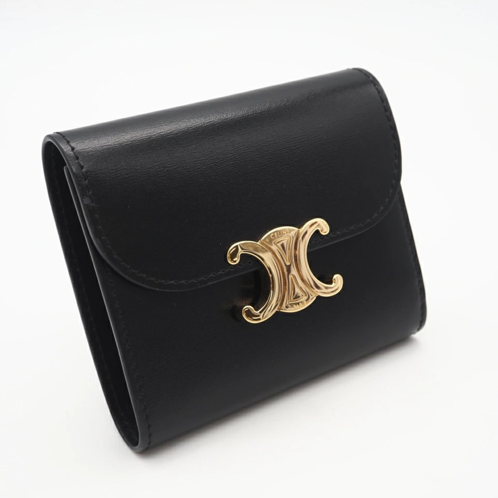 Celine Triomphe Flap Wallet Tri fold Black Leather